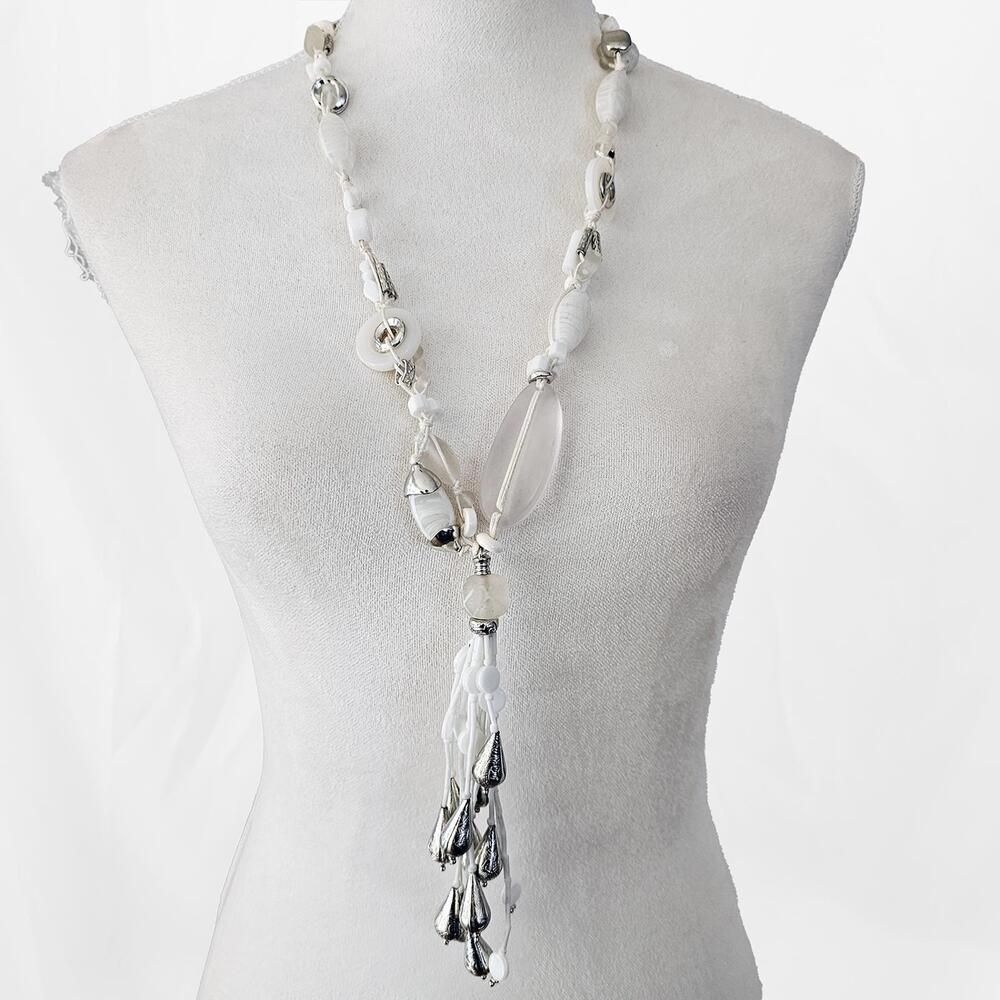 Chico's White and Silver Beaded Statment Tassel Necklace Extra Long